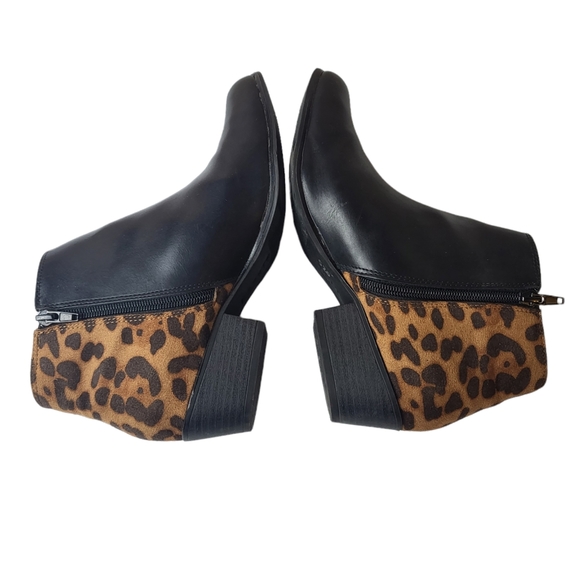 Espirit Tonya Black Leather Leopard Print Color Block Ankle Booties - Picture 4 of 12